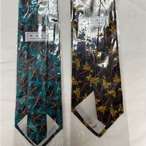 2-New 1980’s Vintage Maga Ties 100% Silk Made in Italy (Green & Charcoal Prints)